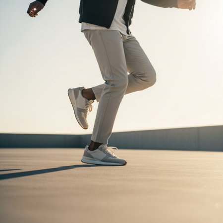 Cropped image of young man in sportswear running at sunsetの素材