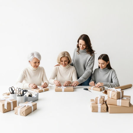 happy mother, daughter and grandmother making christmas gifts on white backgroundの素材