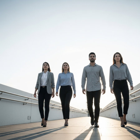 Group of business people walking together in the middle of a bridge.の素材