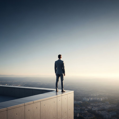 Businessman standing on the edge of a building and looking at the cityの素材