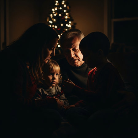 Grandfather, grandmother and grandson sitting on the couch in front of a Christmas treeの素材