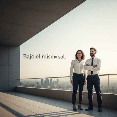 Businessman and businesswoman standing on the roof of a modern office buildingの素材