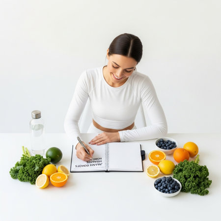 fitness, diet and people concept - smiling young woman writing in notebook with fruits and vegetables over white backgroundの素材