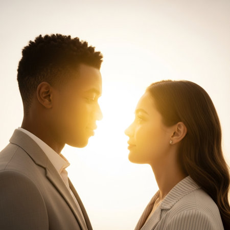 Young black man and woman looking at each other. Side view.の素材