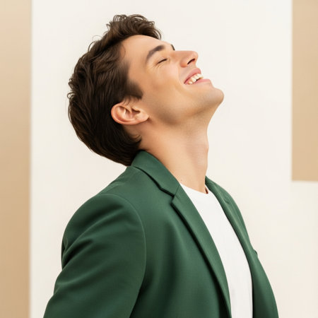 smiling young man in green jacket looking up at copy space on wallの素材