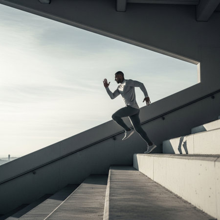 Side view of a young man running up the stairs in an urban environmentの素材