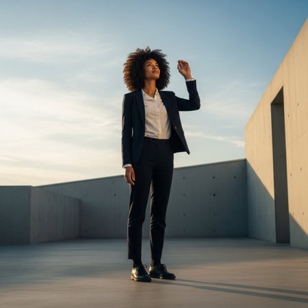 Full length portrait of young african american businesswoman with curly hair posing outdoorsの素材