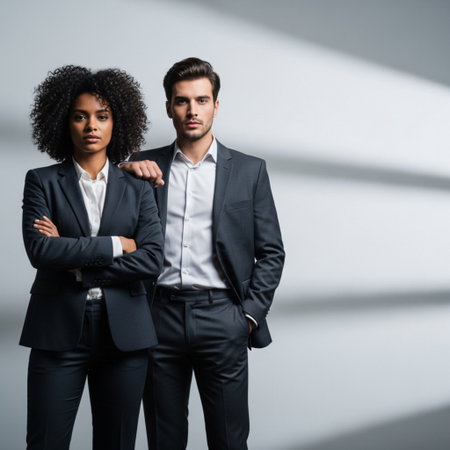 portrait of young businesspeople standing with crossed arms and looking at cameraの素材