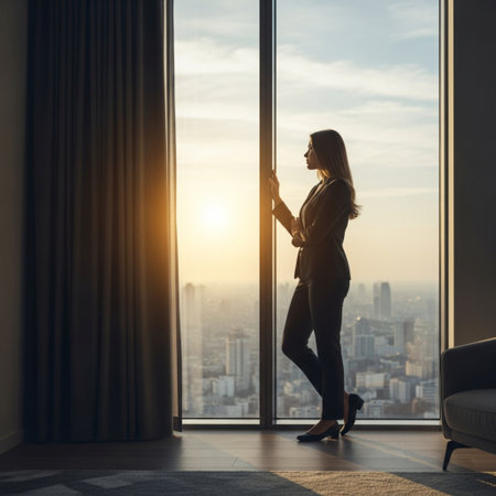 Side view of young businesswoman standing near window and looking at city at sunsetの素材