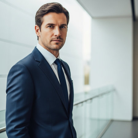 Portrait of handsome businessman in formalwear looking at camera in officeの素材