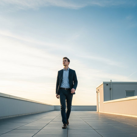 Young businessman walking on the roof of a modern building. Business concept.の素材