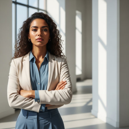 Portrait of a confident businesswoman standing with crossed arms in officeの素材