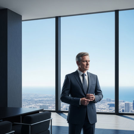 Businessman standing in modern office with panoramic window and city viewの素材