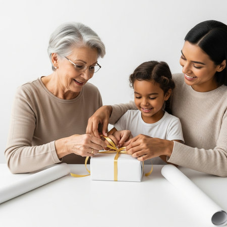 cheerful grandmother and granddaughter opening gift box with ribbon isolated on whiteの素材
