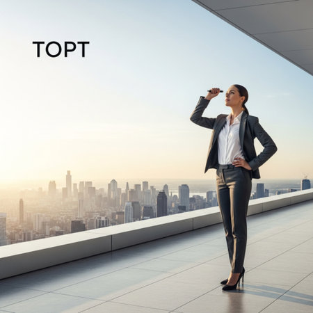 Top View of Businesswoman Looking at City Skyline with Text Topの素材