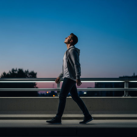 Young handsome man in casual clothes walking on the street at sunset.の素材