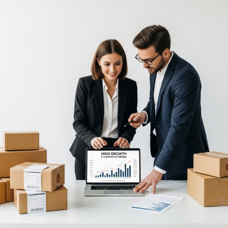Image of two young business people isolated over white wall background using laptop.の素材