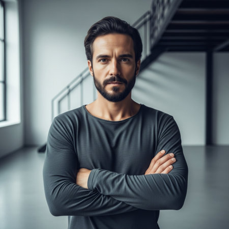 Portrait of handsome young man in sportswear looking at camera and keeping arms crossed while standing indoorsの素材
