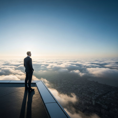 Businessman standing on top of a building and looking at the city.の素材