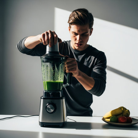 young man making green smoothie in blender at home on grey backgroundの素材