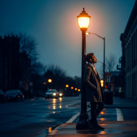 Man walking in the city at night with a street lamp in the foregroundの素材