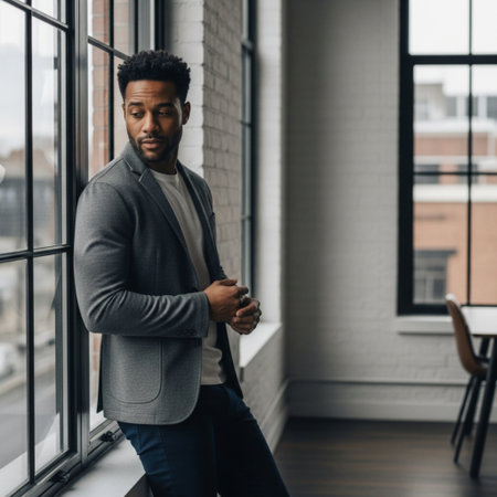handsome african american man in grey jacket and jeans looking awayの素材