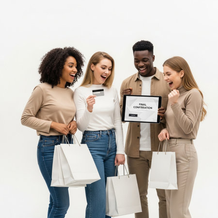 happy multiethnic friends holding shopping bags and credit card, isolated on whiteの素材
