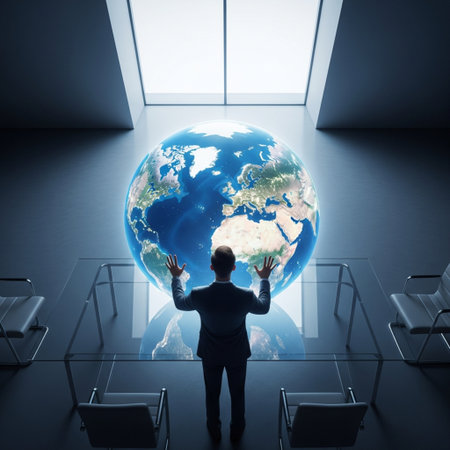 Rear view of businessman standing in office interior and looking at Earth globe. 3D Renderingの素材