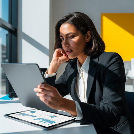 beautiful businesswoman using digital tablet and looking at laptop in officeの素材