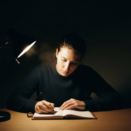 Young woman sitting at the table in the dark and writing in a notebookの素材