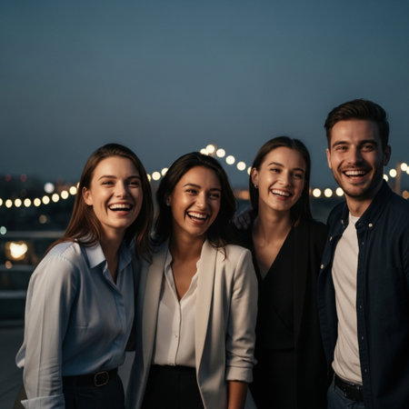 Group of young business people looking at camera and smiling while standing on rooftop in eveningの素材