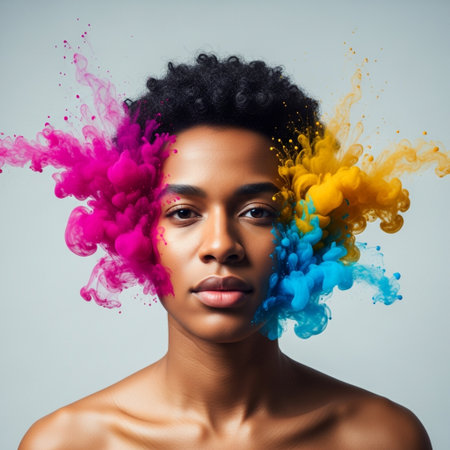 Portrait of a beautiful african american woman with colorful splashの素材