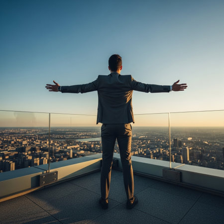 Businessman looking at the city from the top of a skyscraperの素材