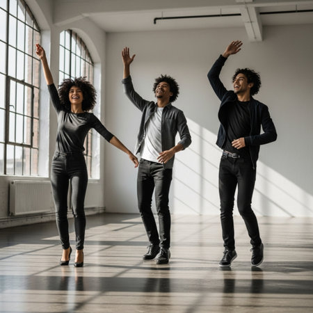 Group of young african-american dancers dancing in studio.の素材