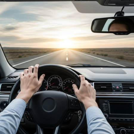 Man driving a car on the road at sunset. View from the driver's seat.の素材