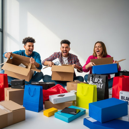 Group of happy young people unpacking boxes and moving into a new homeの素材