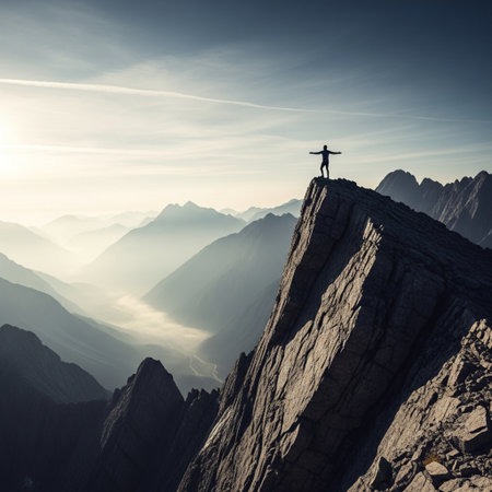 Silhouette of a man standing on top of a mountain and enjoying the viewの素材