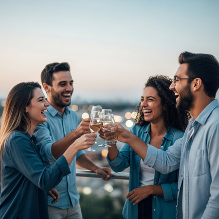 Group of friends toasting with white wine and having fun on rooftopの素材
