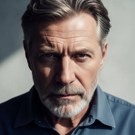 Closeup portrait of a handsome mature man with gray hair and beard. Men's beauty, fashion.の素材