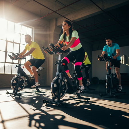 fitness, sport, training, gym and lifestyle concept - group of people exercising on exercise bike in gymの素材