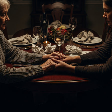 Senior couple holding hands at a romantic dinner in the restaurant, close upの素材