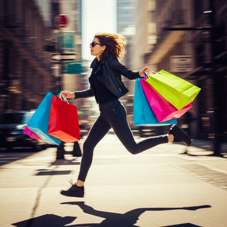 Young woman with shopping bags in the city. Shallow depth of field.の素材