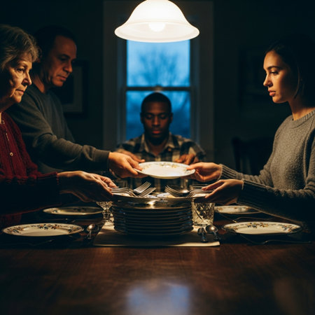 Group of friends having dinner together at home. People sitting at the table and eating.の素材
