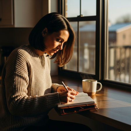 Young woman sitting at the window with a cup of coffee and writing in a notebookの素材