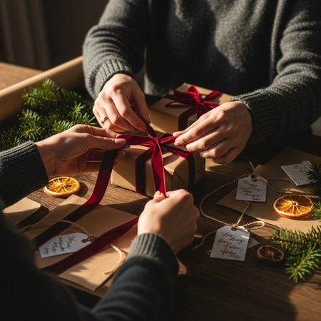 cropped shot of woman tying red ribbon on christmas gift boxの素材