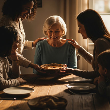 Happy family. Mother, grandmother and grandchildren are eating pie at home.の素材
