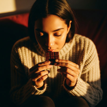 Beautiful young woman eating chocolate at home in the living room.の素材