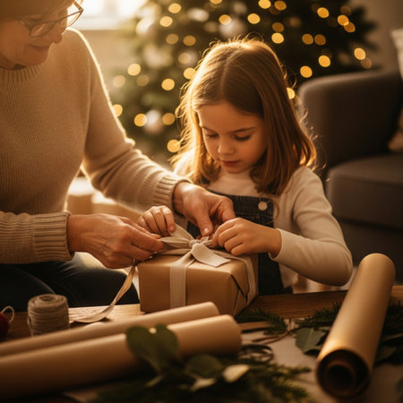 Mother and daughter wrapping christmas gifts at home, focus on handsの素材