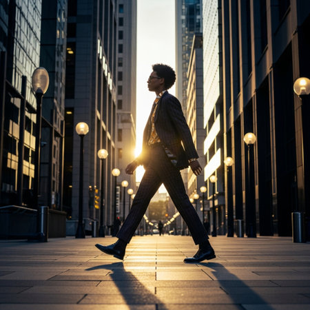 Businessman walking in the city at sunset. Young african american man in a business suit is going to work.の素材