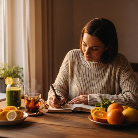 Portrait of a beautiful young woman writing in a notebook while sitting at the table in the kitchenの素材